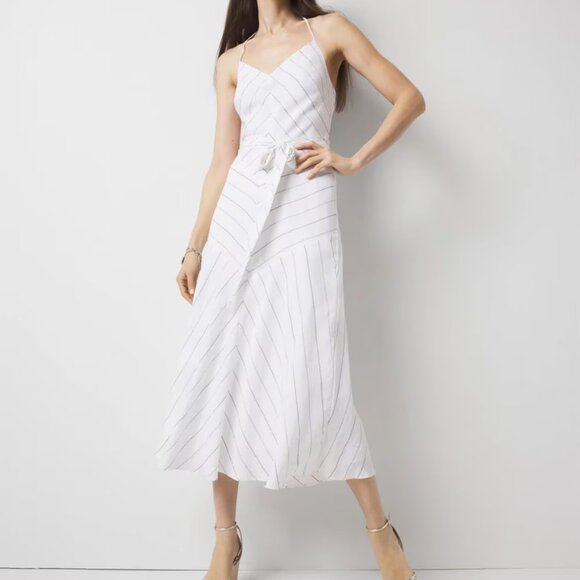 nwt WHITE HOUSE BLACK MARKET tie waist halter midi dress pinstriped $170 tags - Picture 3 of 3